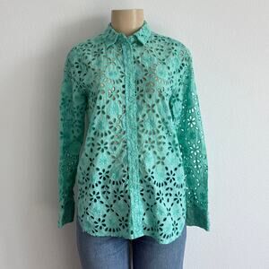 J. Crew Classic Bright Spearmint Green Embroidered Eyelet Button Down Blouse 4